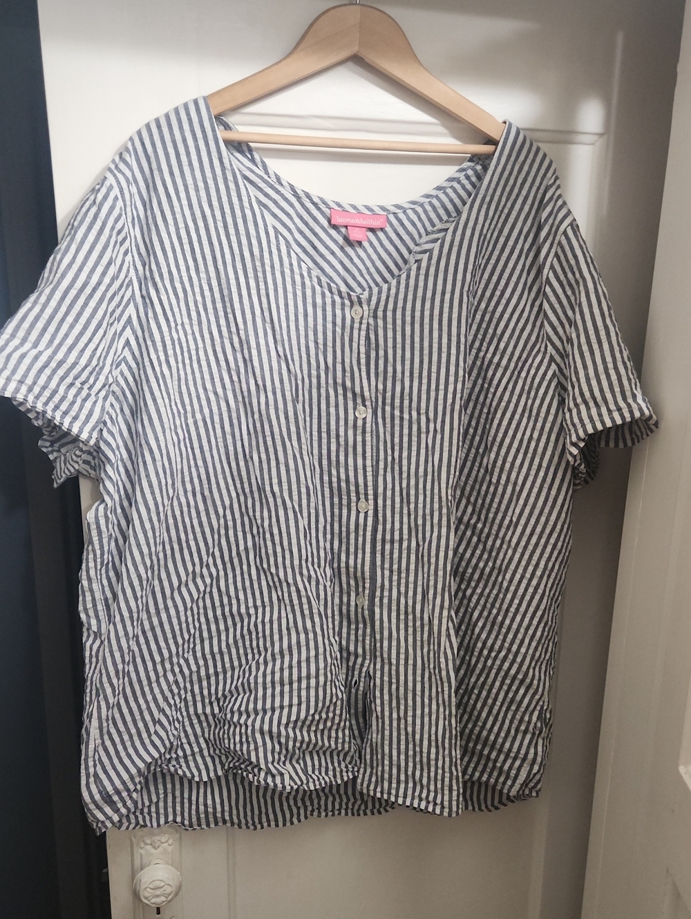 Woman Within 3x Short Sleeve Striped Blue and White Button-Front